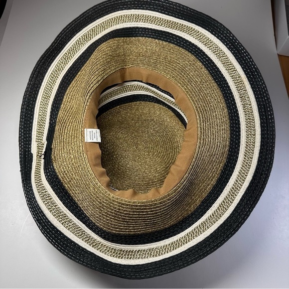 Wide Brim Sun Hat Packable Outdoors Hiking Beach Vacation Straw Metallic Striped - Picture 6 of 7